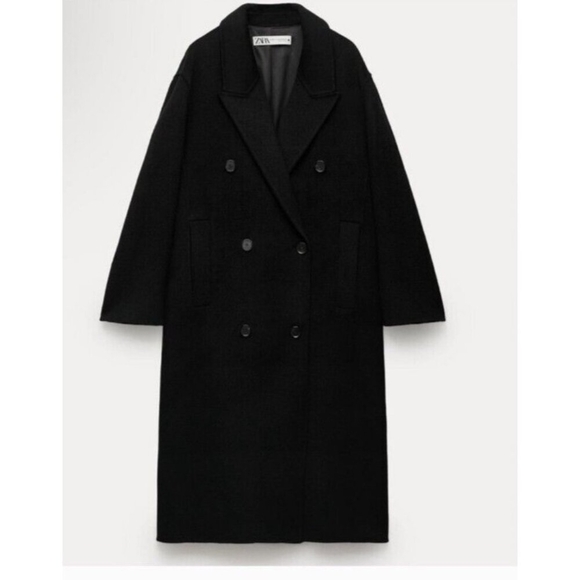 ZARA Double Faced Black Wool Blend Double Breasted Long Oversized Coat - Picture 10 of 13